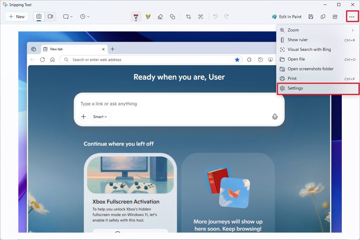 Snipping Tool open Settings