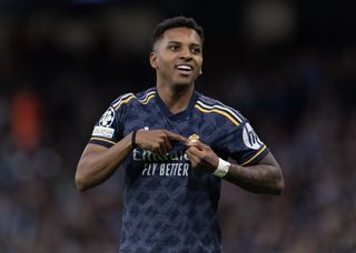 Rodrygo celebrates after scoring for Real Madrid against Manchester City in the Champions League in April 2024.