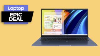 Asus VivoBook 17x laptop against orange background