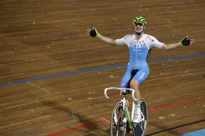 Elia Viviani celebrates his latest track title