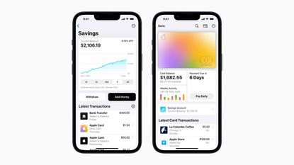 Two phone screens showing a sample Apple Card savings account.