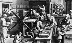 Before the printing press, seen here circa 1500, English words were spelled rather flexibly.
