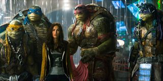 The turtles and Megan Fox in Teenage Mutant Ninja Turtles