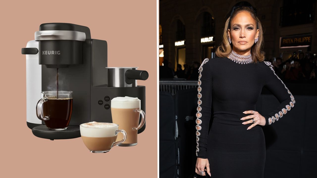 Two pictures One of Jennifer Lopez in a black Valentino dress and one of a Jennifer Lopez&#039;s Keurig coffee maker on a taupe background