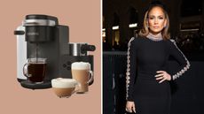 Two pictures One of Jennifer Lopez in a black Valentino dress and one of a Jennifer Lopez's Keurig coffee maker on a taupe background