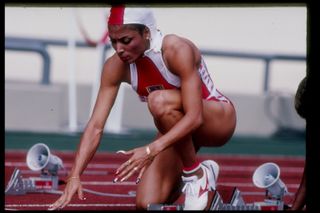 Florence Griffith-Joyner prepares for a race during the 1988 Summer Olympics in Seoul, South Korea.