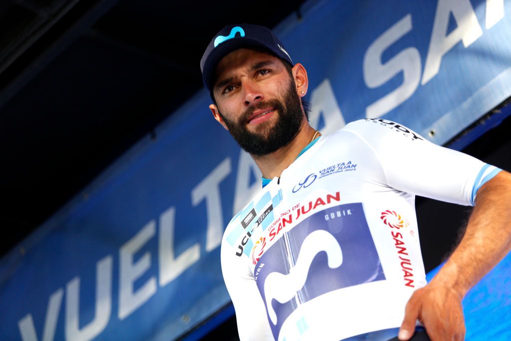SAN JUAN ARGENTINA JANUARY 25 Fernando Gaviria of Colombia and Movistar Team celebrates at podium as White Leader Jersey winner during the 39th Vuelta a San Juan International 2023 Stage 4 a 1965km stage from Autodrmo de Villicum to Barreal VueltaSJ2023 on January 25 2023 in San Juan Argentina Photo by Maximiliano BlancoGetty Images