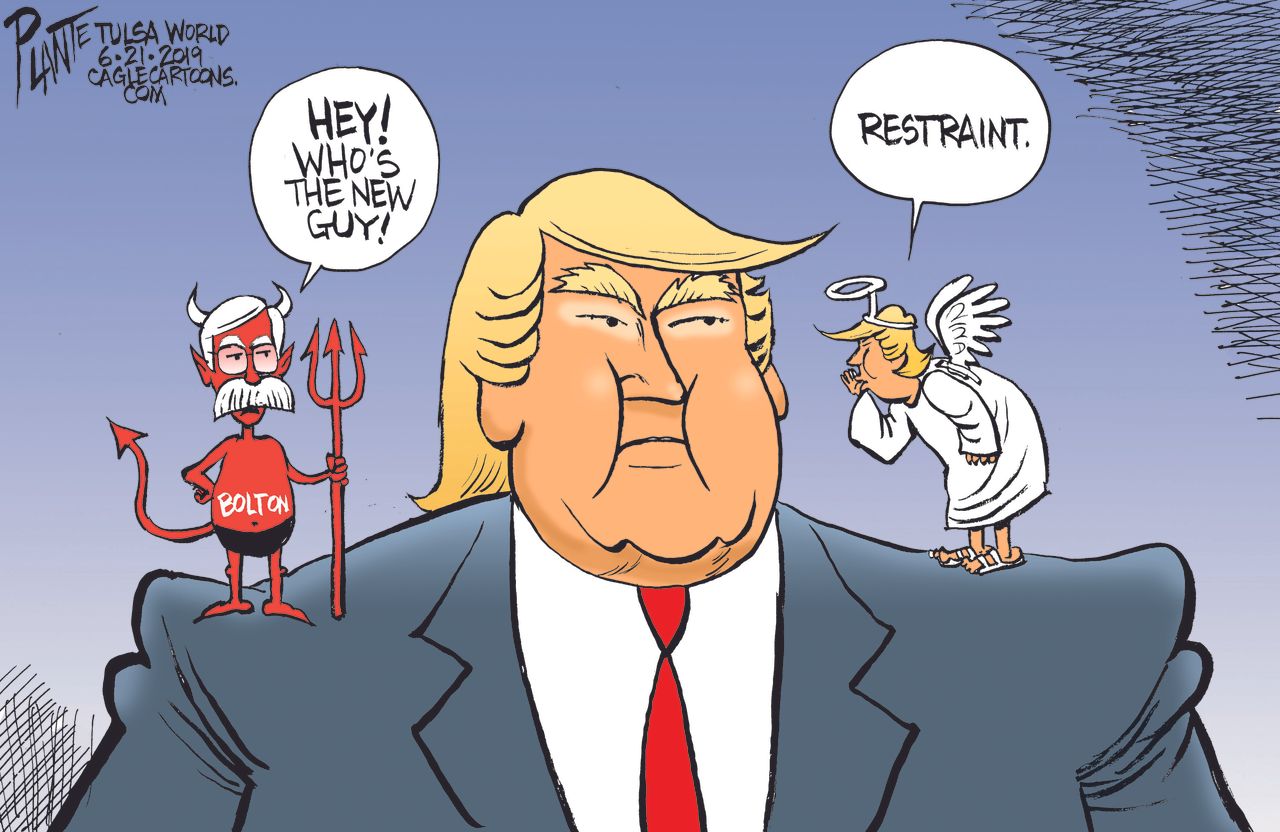 Political Cartoon U.S. Trump Restraint Bolton Devil Shoulder