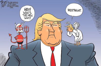 Political Cartoon U.S. Trump Restraint Bolton Devil Shoulder