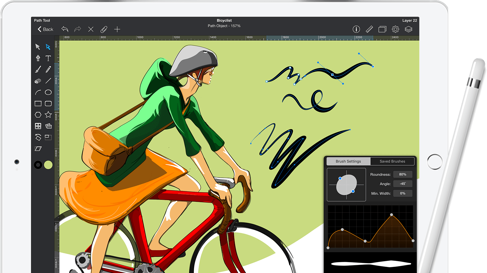 drawing of woman riding bicycle on Graphic drawing app for iPad