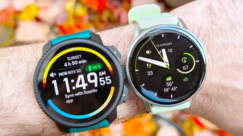Close-up of the Garmin Venu 4 next to the Suunto Vertical 2