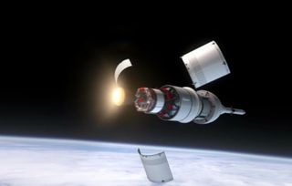 This NASA still from a depiction of the Orion Exploration Flight Test 1 shows protective panels separating from the Orion spacecraft during its trip to orbit.