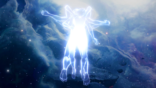 An image of Gale and the player of Baldur's Gate 3 fusing in the Astral Plane, a tangle of glowing limbs and bright light.