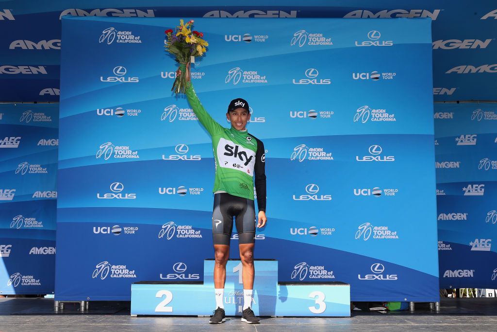 Team Sky's Egan Bernal is awarded the green sprints jersey, as well as holding the climber's jersey and the white best young rider jersey after stage 4 at the 2018 Tour of California