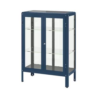 A dark blue cabinet with glass shelves