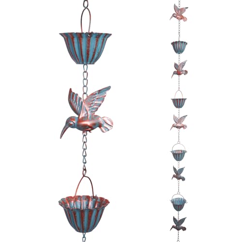 Jiadexin Rain Chains for Gutters, 8.8 Ft Rain Chains With 8 Cups &amp;amp; 9 Hummingbird Decor, Rain Barrels to Collect Rainwater From Gutter, Gutter Downspout Extensions