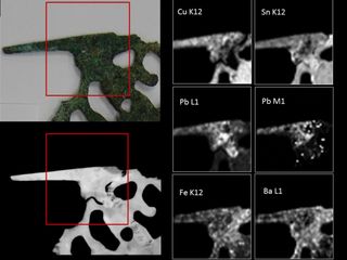 Photograph (upper left), X-radiograph (lower left), and X-ray fluorescence maps of a portion of a branch with a soldered tenon.