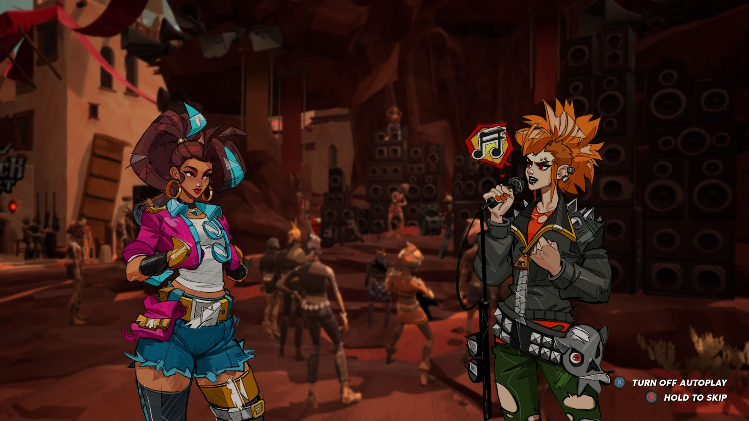 Screenshots of the musical rhythm turn-based RPG, People of Note, by Iridium Studios and Annapurna Interactive.