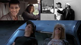 Collage of different movie duos: Lloyd and Harry, Jay and Silent Bob, and Wayne and Garth