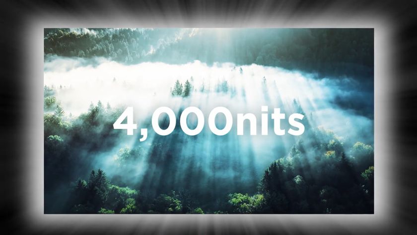 A render of a 4th-generation LG OLED panel displaying a foggy forest scene with the words &quot;4,000 nits&quot; prominently displayed