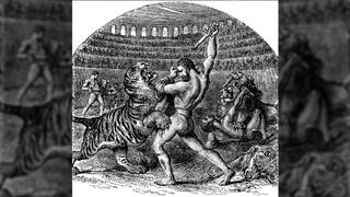 An engraving of a gladiator fighting a tiger in an amphitheater