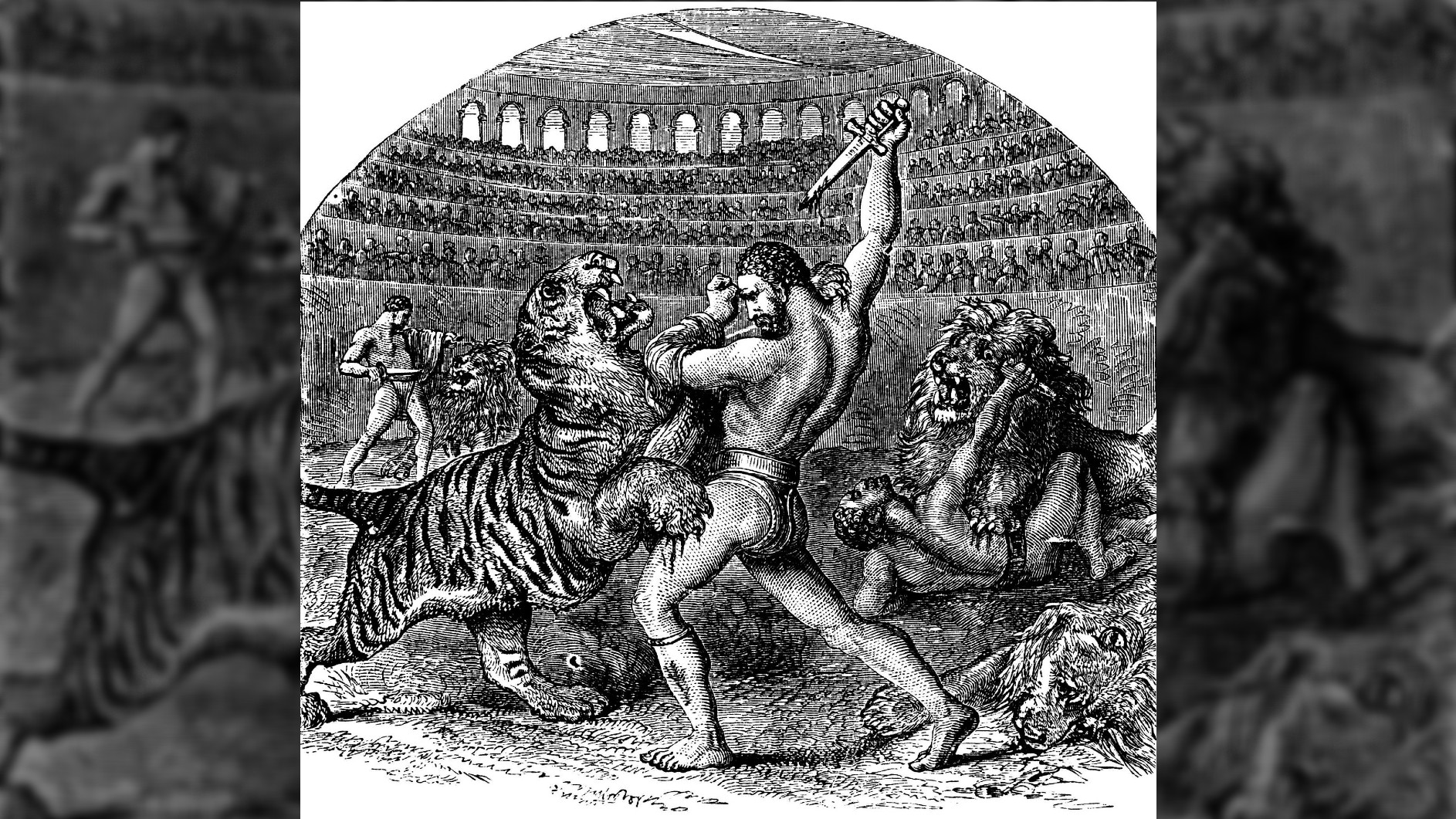 An engraving of a gladiator fighting a tiger in an amphitheater