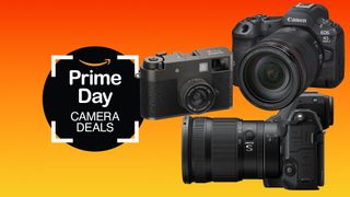 Nikon, Canon and Fujifilm cameras on an orange and yellow background with a Prime Day camera deals badge