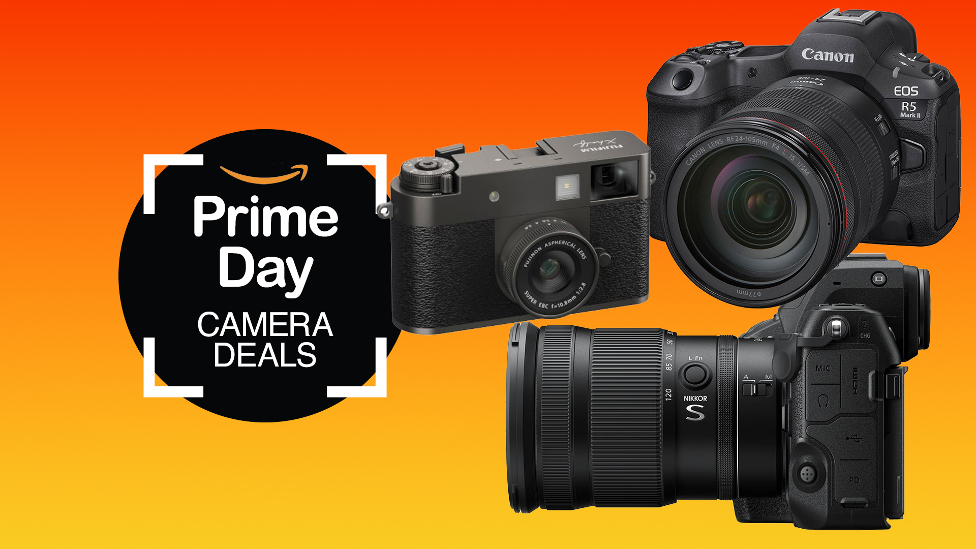 Nikon, Canon and Fujifilm cameras on an orange and yellow background with a Prime Day camera deals badge