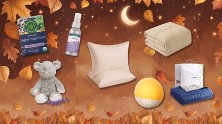 A collage of cozy sleep products on an autumnal-themed night sky background.