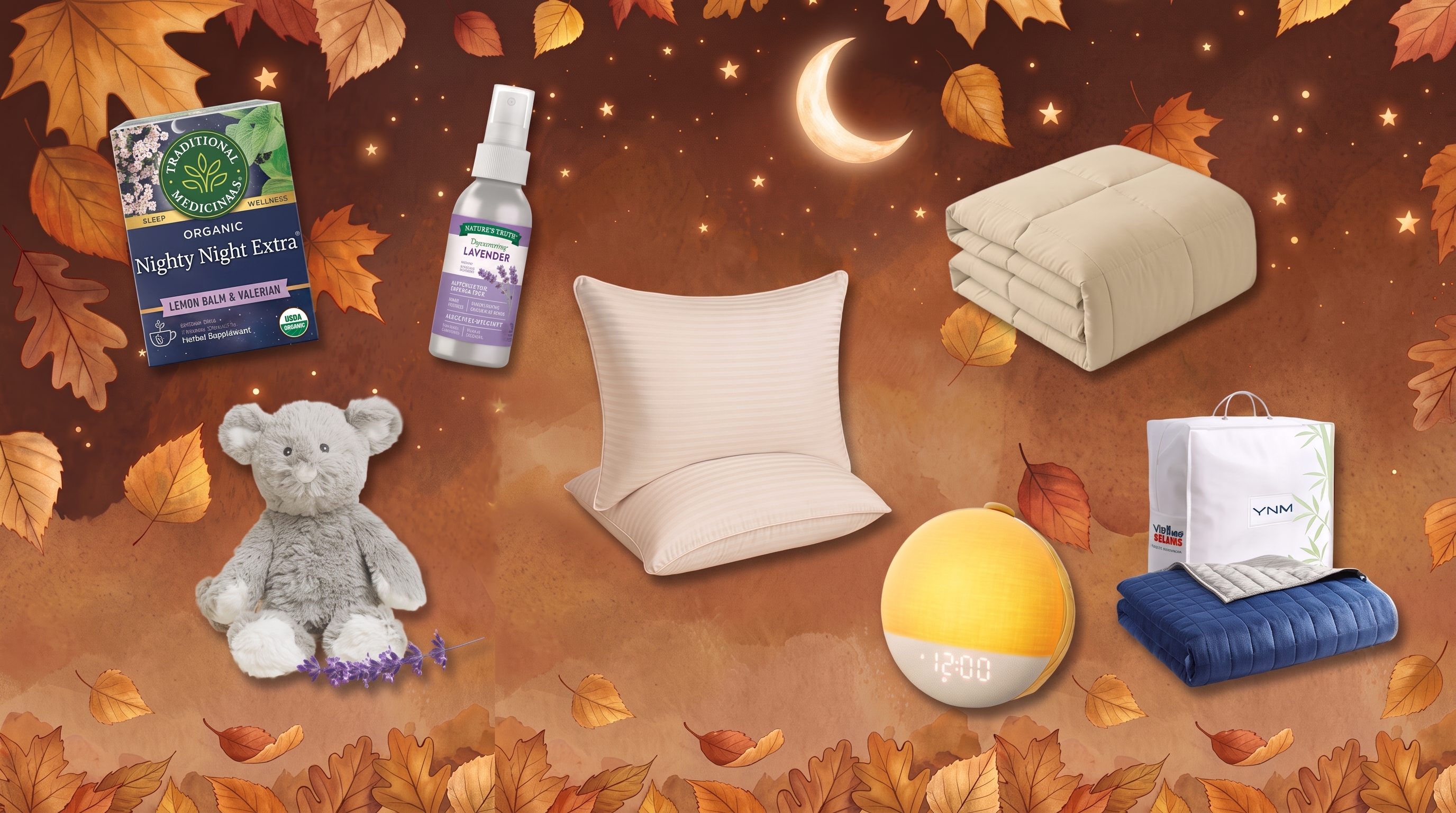 A collage of cozy sleep products on an autumnal-themed night sky background.