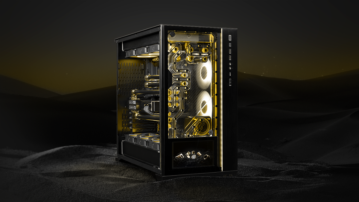 EK's new distro plate for Lian Li case with a 7-inch screen built-in