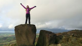 the Roaches and Lud's Church: Claire on a boulder