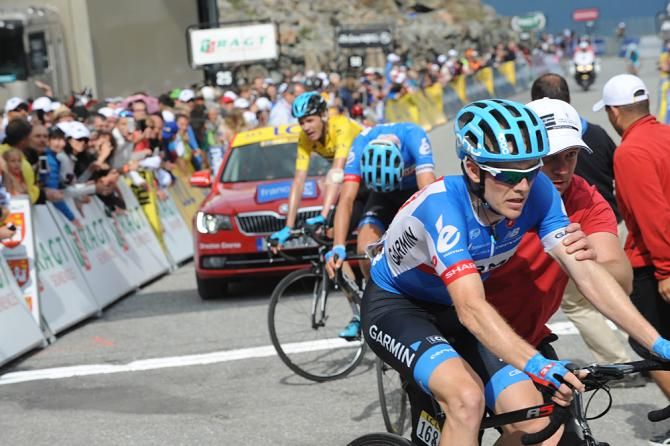 Andrew Talansky (Garmin-Sharp), Ryder Hesjedal (Garmin-Sharp) and Chris Froome (Team Sky) reach the stage 7 finish line