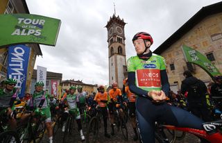 CAVALESE ITALY APRIL 21 Tao Geoghegan Hart of United Kingdom and Team INEOS Grenadiers Green Leader Jersey prior to the 46th Tour of the Alps 2023 Stage 5 a 1445km stage from Cavalese to Brunico on April 21 2023 in Cavalese Italy Photo by Tim de WaeleGetty Images