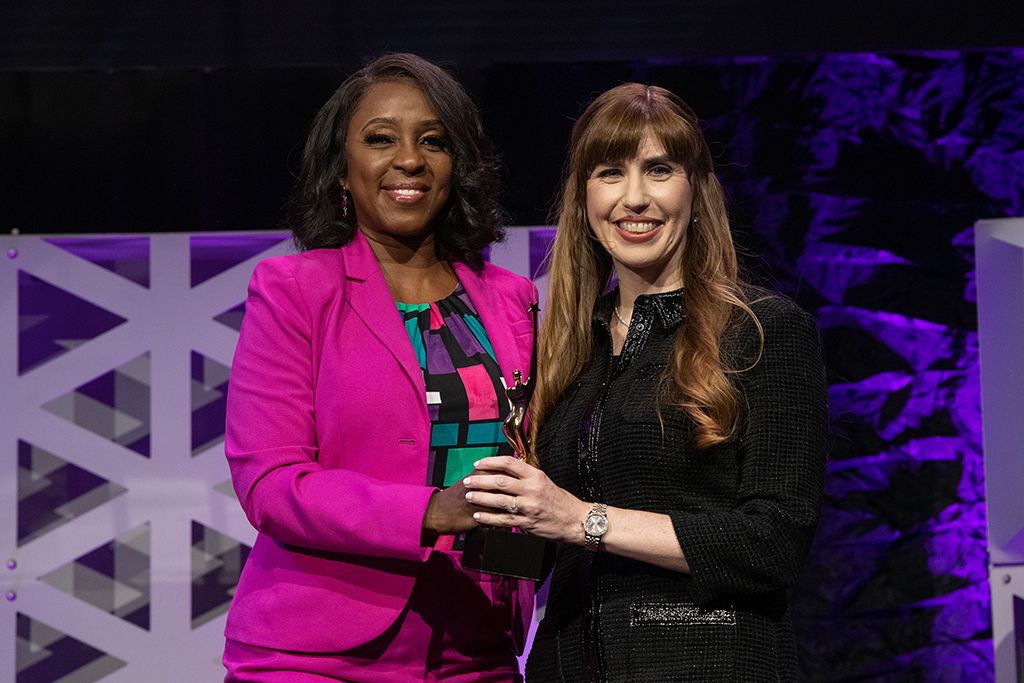 Co-host Cheryl Wills, anchor at Spectrum News NY 1, with Sharon Peters, EVP and chief marketing officer, Charter Communications.