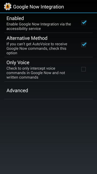 Google Now settings in AutoVoice