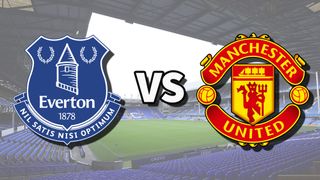 The Everton and Manchester United club badges on top of a photo of Goodison Park stadium in Liverpool, England
