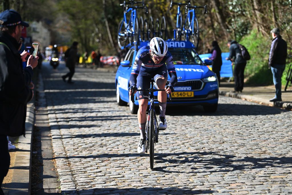 OVERIJSE BELGIUM APRIL 12 Rmi Cavagna of France and Team Soudal Quick Step competes in the breakaway during the 63rd De Brabantse Pijl La Fleche Brabanconne 2023 Mens Elite a 2051km one day race from Leuven to Overijse on April 12 2023 in Overijse Belgium Photo by Luc ClaessenGetty Images