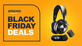 The SteelSeries Arctis Nova Pro Wireless in front of an orange background, accompanied by text that reads 'Amazon Black Friday deals'.