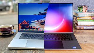 MacBook Pro 16 inch next to Dell XPS 15 for macOS vs Windows comparison 