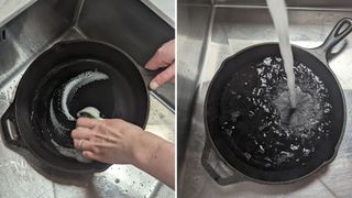 cast iron skillet being cleaned in a stainless steel sink to with soapy water and sponge to show the first step of how to season a cast iron skillet
