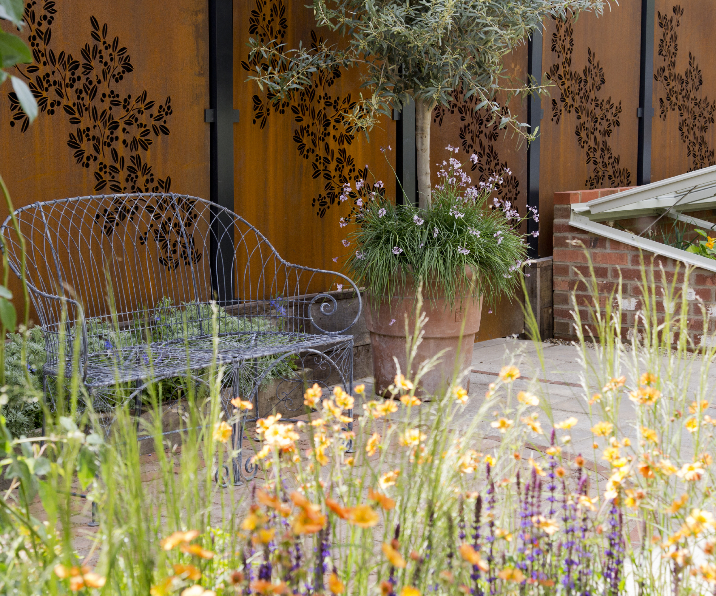 corten steel fence panels with laser cut floral pattern