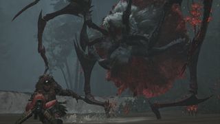 Promotional screenshot of a player being chased by a Lala Barina in Monster Hunter Wilds.