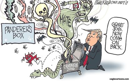 Political cartoon U.S. Trump white supremacy Charlottesville 2016 campaign