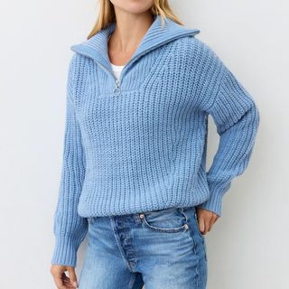 blue knit jumper with half zip