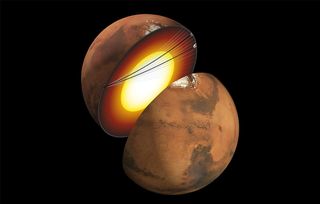 This artist’s concept shows a cutaway of Mars along with the paths of seismic waves from two separate quakes in 2021.