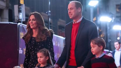 britains prince william, duke of cambridge, his wife britains catherine, duchess of cambridge, and their children britains prince george of cambridge r, britains princess charlotte of cambridge 3rd l and britains prince louis of cambridge l arrive to attend a special pantomime performance of the national lotterys pantoland at londons palladium theatre in london on december 11, 2020, to thank key workers and their families for their efforts throughout the pandemic photo by aaron chown pool afp photo by aaron chownpoolafp via getty images