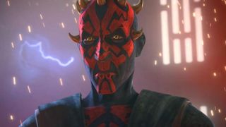 Darth Maul in Star Wars: The Clone Wars with lightning behind
