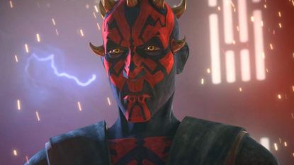 Darth Maul in Star Wars: The Clone Wars with lightning behind