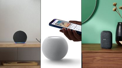 Echo Dot, HomePod Mini and Nest Audio side by side